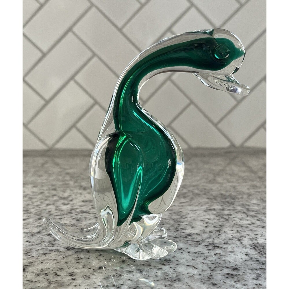 Art Glass Goose Figurine Emerald Green Clear Hand Blown 5” Sculpture